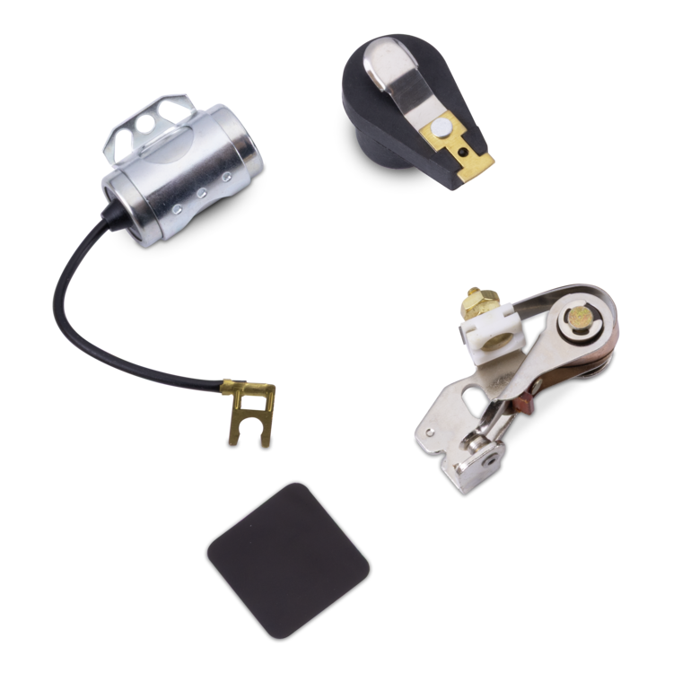 A set of small mechanical parts and accessories on a plain white background, including a silver cylindrical component with a black wire, a black-and-silver knob-like piece with gold-toned contact, a metal hinge-like assembly, and a square black pad.