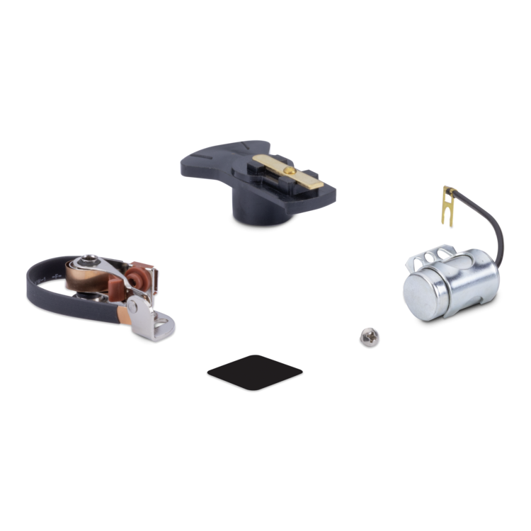 A set of mechanical hardware components, including a black plastic clip, a silver cylindrical motor or solenoid with a black wire, a black rectangular piece, a small metal ball, and a copper-and-black loop, arranged on a plain white background.