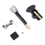Tune up kit with a black lever, silver metal components, a small square black insert, and a small silver screw, laid out on a white background.