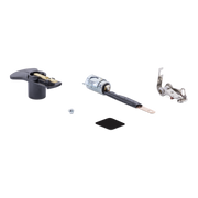 A set of hardware components, including a black plastic handle, a silver metal rod with a black sleeve, a small black square piece, a small silver screw, and a silver bracket, arranged on a plain white background.