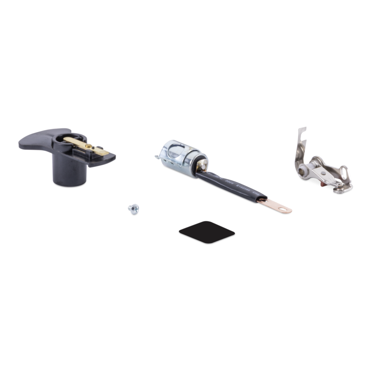 A set of hardware components, including a black plastic handle, a silver metal rod with a black sleeve, a small black square piece, a small silver screw, and a silver bracket, arranged on a plain white background.