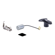Tune up kit componentswith a silver metal presser foot, a silver cylindrical tension dial, a black tension dial cord, a black tension dial base, and a small black square accessory, displayed on a clean white background.