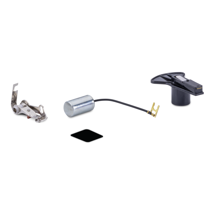 Tune up kit componentswith a silver metal presser foot, a silver cylindrical tension dial, a black tension dial cord, a black tension dial base, and a small black square accessory, displayed on a clean white background.