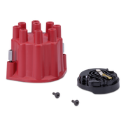 A red plastic distributor cap with a black internal rotor assembly and two small black screws, shown on a clean white background.