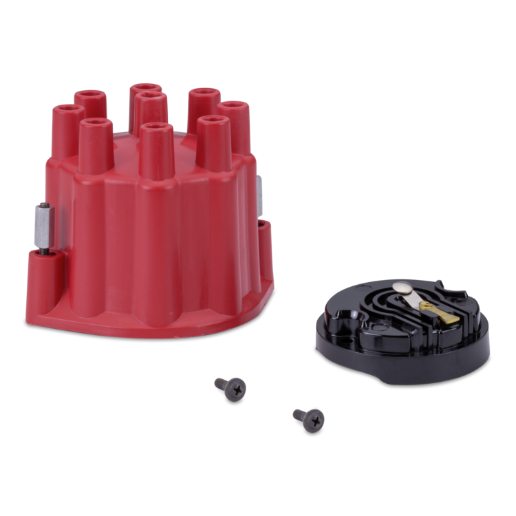 A red plastic distributor cap with a black internal rotor assembly and two small black screws, shown on a clean white background.