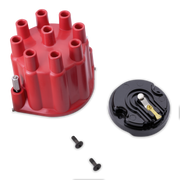 A red plastic distributor cap shown alongside a black circular terminal cover, two black screws, and a small metal pin on a plain white background.