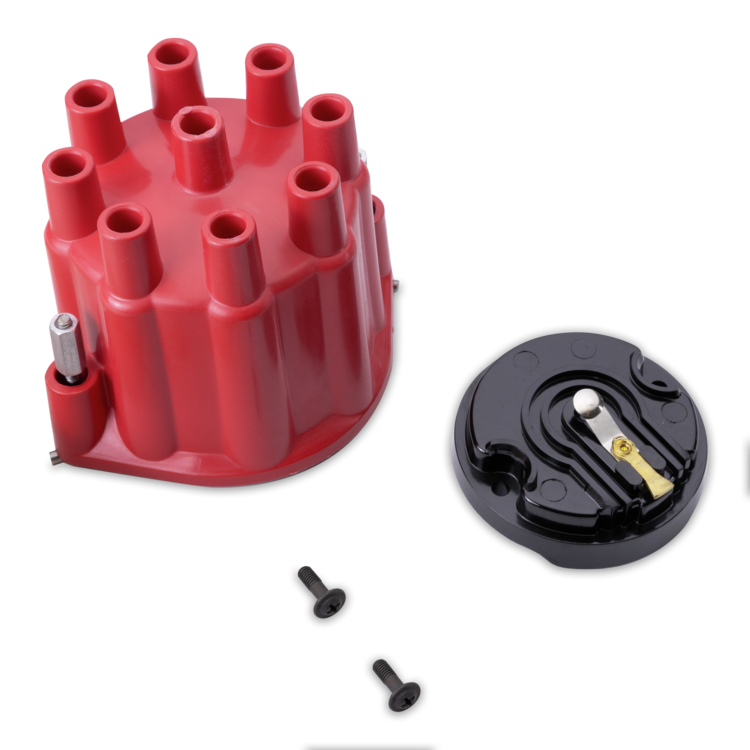 A red plastic distributor cap shown alongside a black circular terminal cover, two black screws, and a small metal pin on a plain white background.