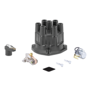 A black distributor cap kit with silver and copper ignition components, a black spark plug, and mounting hardware, arranged on a clean white background.