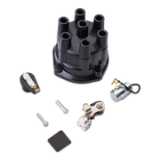 A black distributor cap kit shown with its various metal and plastic components laid out on a clean white background.