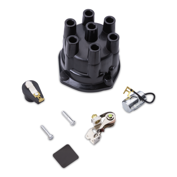 A black distributor cap kit shown with its various metal and plastic components laid out on a clean white background.