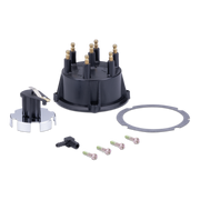 A black distributor cap with six gold-colored terminal posts, a silver metal terminal housing with a black insulator, four silver screws, a black plastic connector, and a gray circular gasket, all arranged on a white background.
