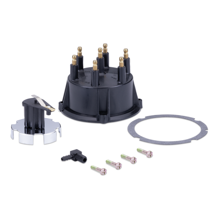 A black distributor cap with six gold-colored terminal posts, a silver metal terminal housing with a black insulator, four silver screws, a black plastic connector, and a gray circular gasket, all arranged on a white background.