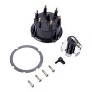 A black distributor cap kit with six gold-colored terminal posts, a silver metal distributor body, a black ignition switch, a circular gasket, and six screws, arranged on a plain white background.