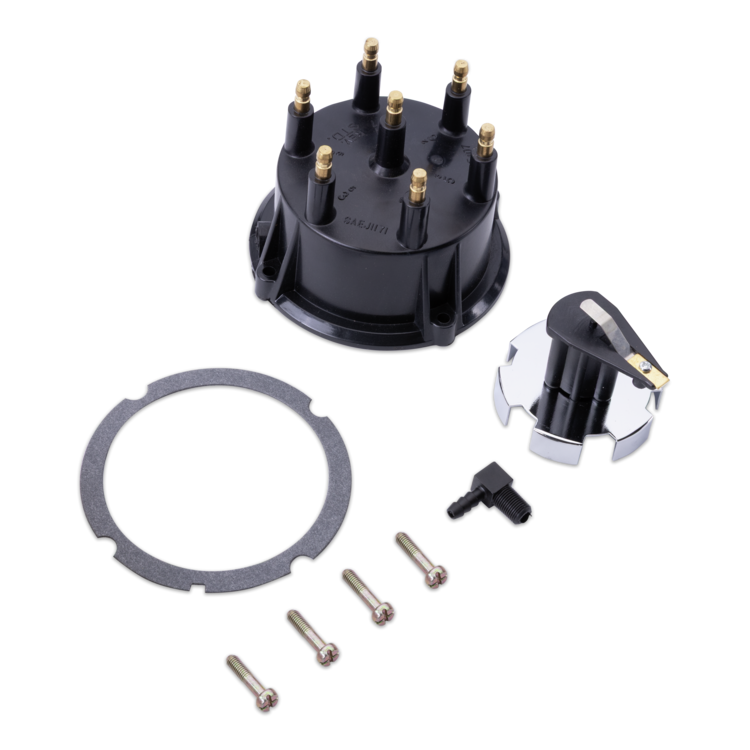 A black distributor cap kit with six gold-colored terminal posts, a silver metal distributor body, a black ignition switch, a circular gasket, and six screws, arranged on a plain white background.