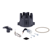A black distributor cap kit with various mounting hardware, including a silver metal terminal, a black lever, a silver bolt, and a rubber gasket displayed on a clean white background.