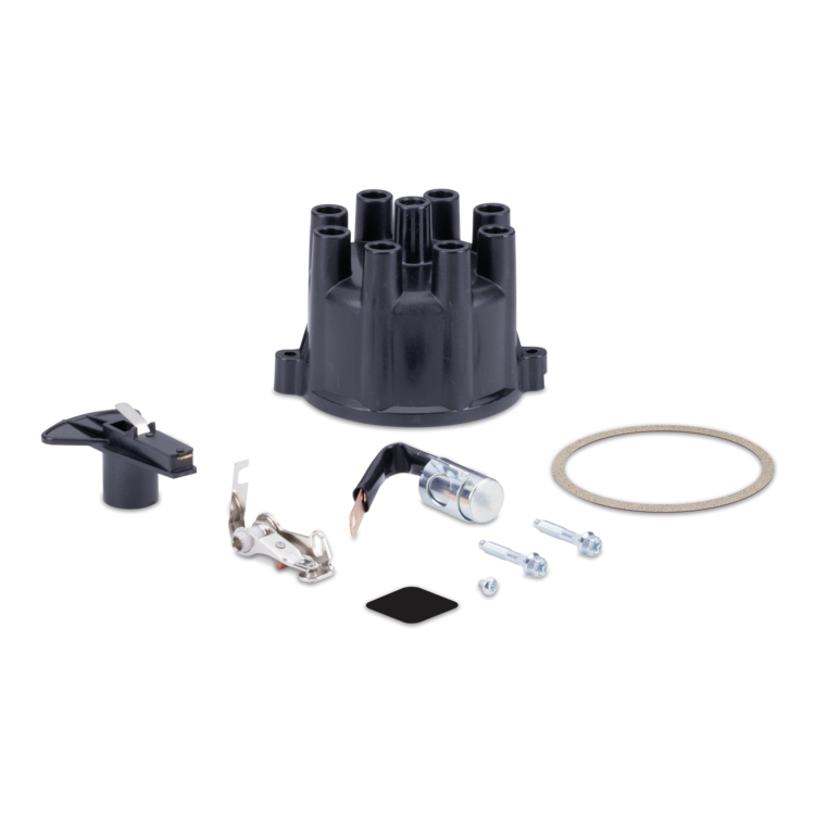 A black distributor cap kit with various mounting hardware, including a silver metal terminal, a black lever, a silver bolt, and a rubber gasket displayed on a clean white background.