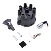 A black distributor cap kit with silver metal screws, bolts, and a small black rubber gasket, displayed on a clean white background.