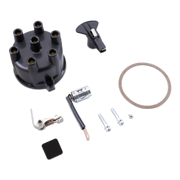 A set of black and silver automotive electrical components, including a distributor, ignition switch, wire connector, mounting hardware, and gaskets, arranged on a clean white background.