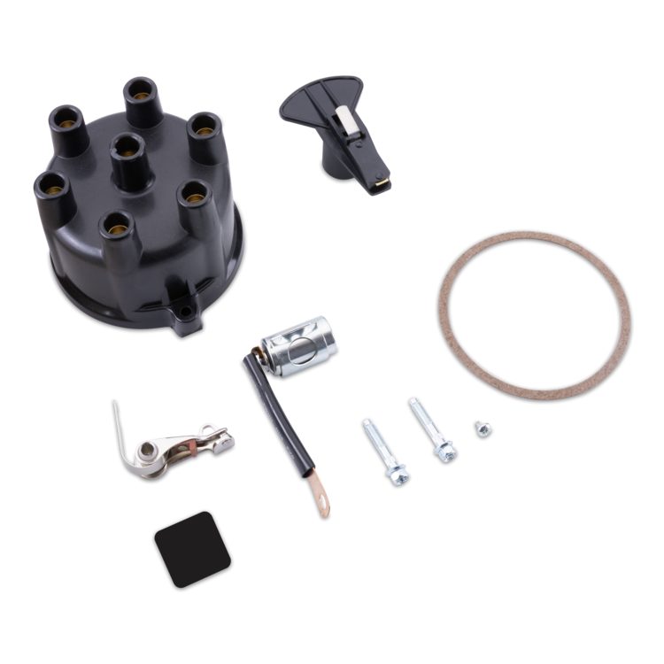 A set of black and silver automotive electrical components, including a distributor, ignition switch, wire connector, mounting hardware, and gaskets, arranged on a clean white background.
