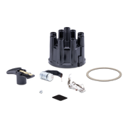 A black distributor cap kit with various metal and plastic mechanical parts, including a silver coil, silver ignition components, a small black square, a small silver screw, and a circular metal gasket, arranged on a clean white background.