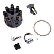 A set of black and silver mechanical components, including a distributor, ignition switch, gasket, and mounting hardware, arranged on a clean white background.