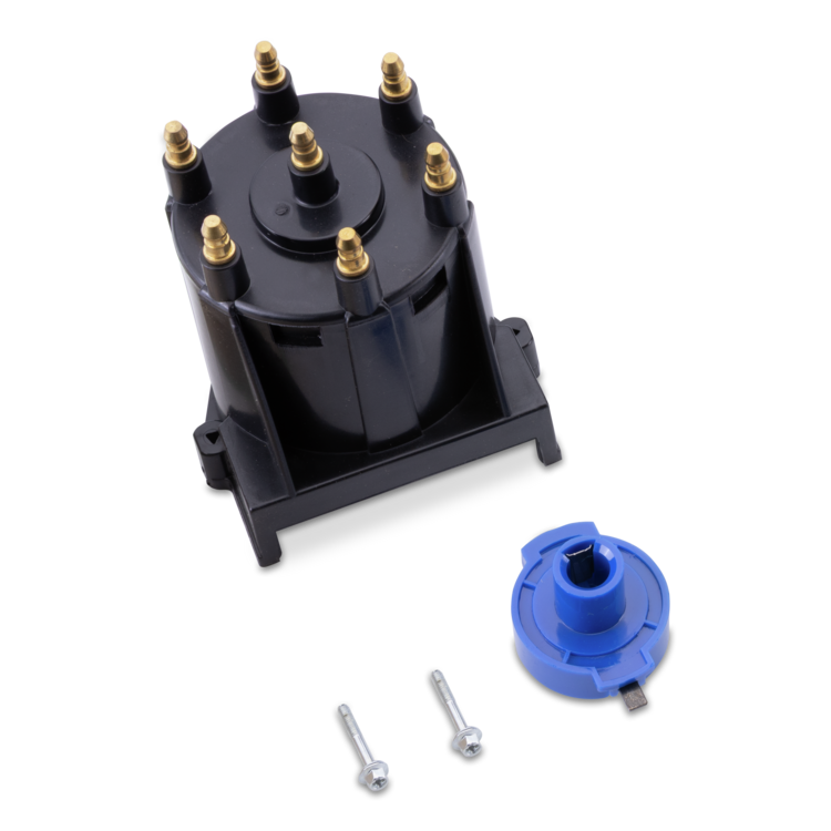 A black distributor component with six gold terminal posts, shown alongside a blue plastic cap and two silver screws on a clean white background.