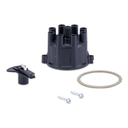 Black distributor cap with a black lever, two silver screws, and a rubber gasket on a white background.