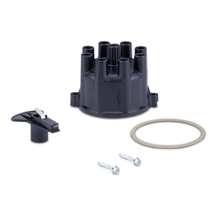 Black distributor cap with a black lever, two silver screws, and a rubber gasket on a white background.