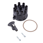 Black distributor cap kit with a black plastic distributor body, a black plastic lever, a brown gasket, and two silver screws on a white background.