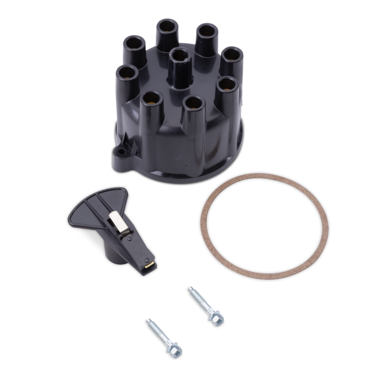 Black distributor cap kit with a black plastic distributor body, a black plastic lever, a brown gasket, and two silver screws on a white background.