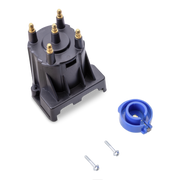 A black plastic distributor cap with six gold-colored terminal posts, shown alongside a blue plastic terminal connector and two silver mounting screws on a plain white background.