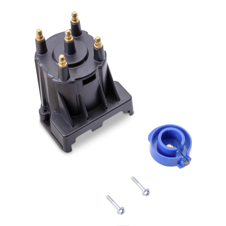 A black plastic distributor cap with six gold-colored terminal posts, shown alongside a blue plastic terminal connector and two silver mounting screws on a plain white background.