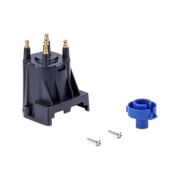 A black distributor cap with four gold-plated terminal posts, shown alongside a blue terminal connector and two silver mounting screws on a plain white background.