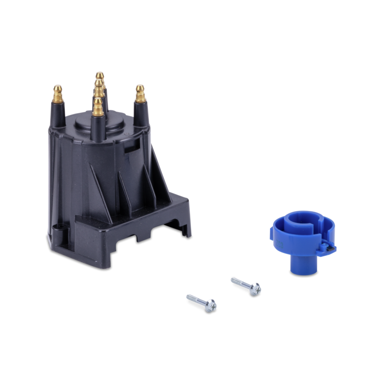 A black distributor cap with four gold-plated terminal posts, shown alongside a blue terminal connector and two silver mounting screws on a plain white background.