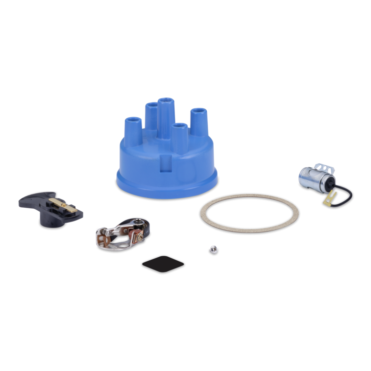A starter motor kit with a blue distributor cap, silver starter motor, black ignition switch, copper coil, rubber gasket, and small metal bolt on a white background.