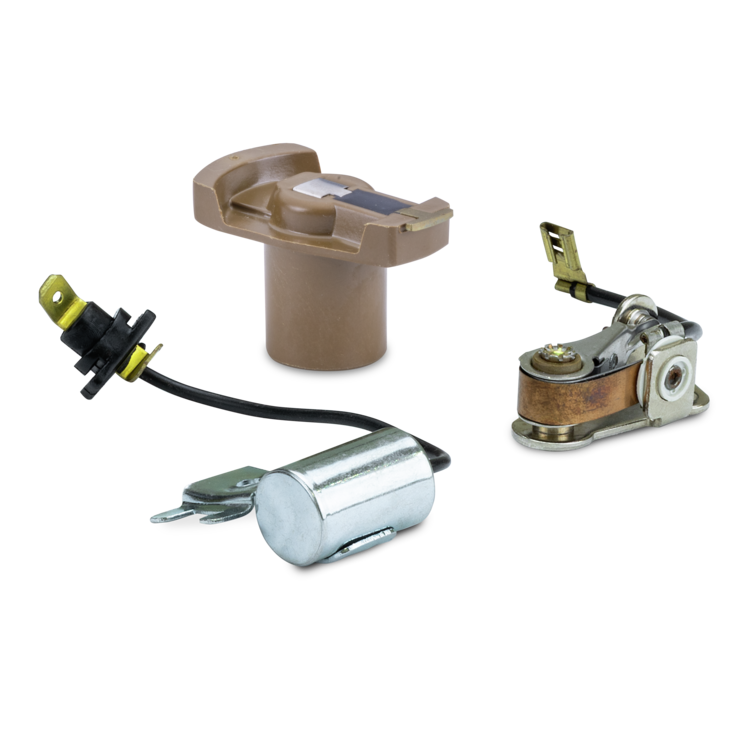 A set of three mechanical parts, including a tan plastic cap, a silver cylindrical metal cylinder with a black wire and key, and a copper-and-silver metal roller assembly, photographed on a plain white background.