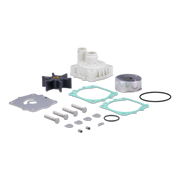 A complete water pump kit laid out on a white background, including a white plastic pump housing, a black impeller, a silver metal flange, several silver screws and bolts, two light green gaskets, and black O-rings.