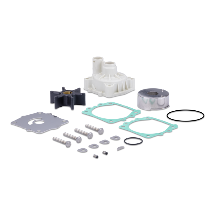A complete water pump kit laid out on a white background, including a white plastic pump housing, a black impeller, a silver metal flange, several silver screws and bolts, two light green gaskets, and black O-rings.
