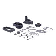 A set of black plastic and metal gasket components, including O-rings, flat gaskets, and molded housing parts, arranged on a plain white background.
