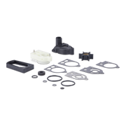 A water pump gasket kit containing a black plastic water pump, a white plastic impeller, several black rubber O-rings, metal gaskets, and a black rectangular frame, arranged on a plain white background.