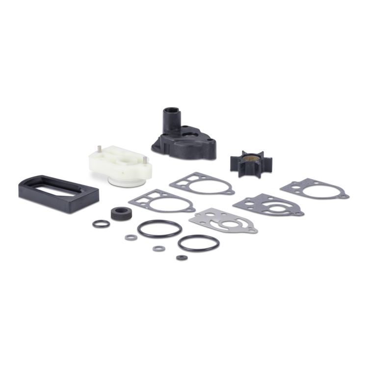 A water pump gasket kit containing a black plastic water pump, a white plastic impeller, several black rubber O-rings, metal gaskets, and a black rectangular frame, arranged on a plain white background.