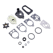 A complete water pump kit with various black rubber O-rings, flat gaskets, a white plastic component, and a black impeller, arranged neatly on a solid white background.
