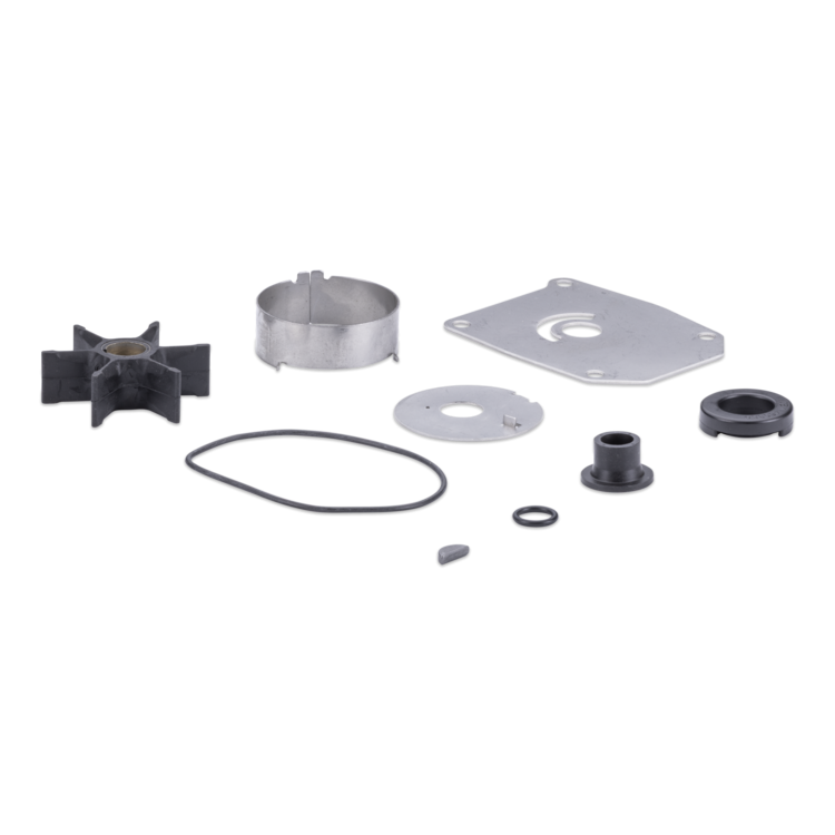 A set of mechanical parts and accessories arranged on a plain white background, including a black impeller, metal housing, flat metal plate, gaskets, seals, and small hardware.
