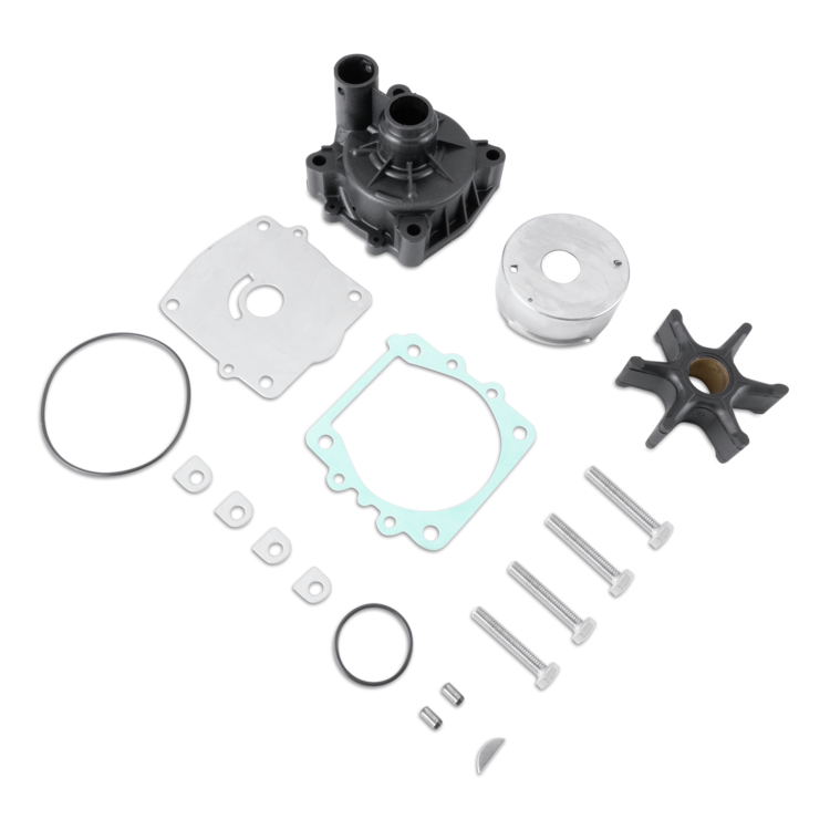 A complete engine water pump kit laid out on a clean white background, including a black plastic water pump housing, a silver metal impeller, a black impeller hub, a silver gasket, a silver metal plate, several bolts, washers, and seals.
