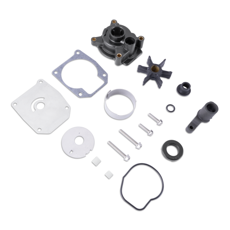 A set of pump assembly parts laid out on a white background, including a black metal pump housing, black impeller, gaskets, washers, bolts, and seals.