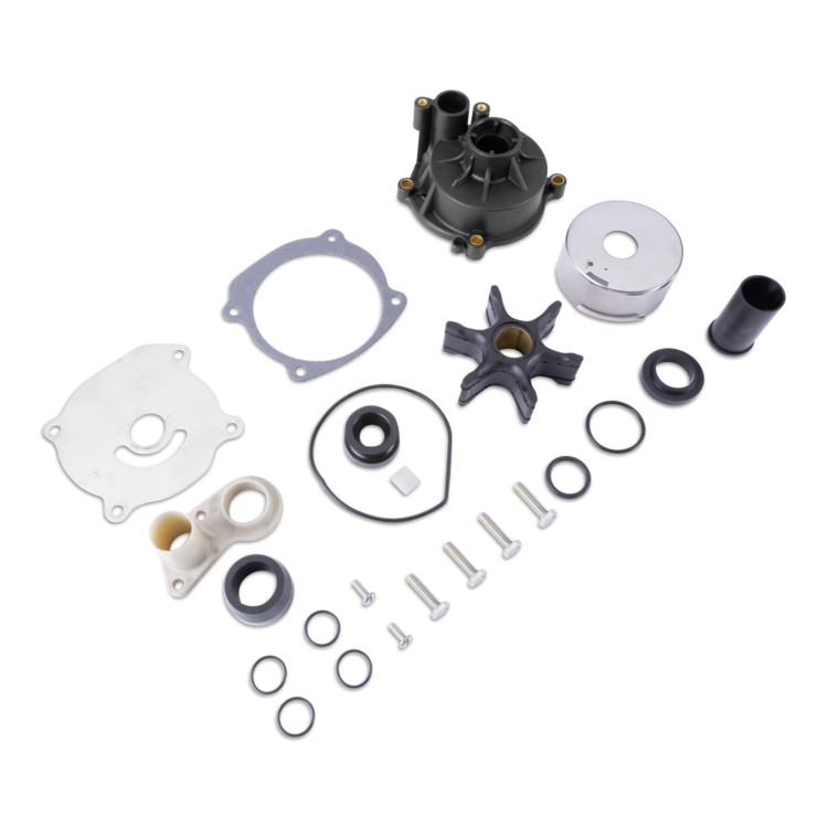 A complete mechanical parts kit laid out on a white background, including a black pump housing, silver and white gaskets, seals, washers, screws, and a metal impeller.