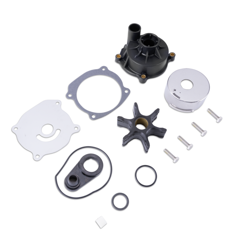 A water pump gasket kit with various components including a black plastic water pump, impeller, gaskets, O-rings, and mounting screws, arranged on a clean white background.