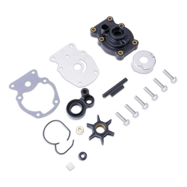 A set of mechanical gaskets, seals, washers, and metal fasteners arranged on a plain white background.