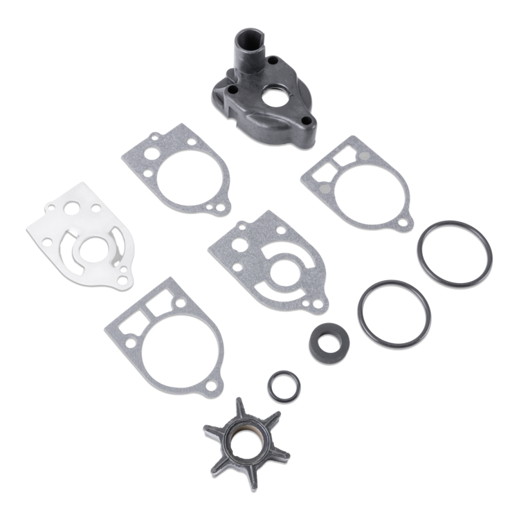 A set of engine gasket and seal components arranged on a plain white background, including several flat gasket sheets, black rubber O-rings, a small black washer, and two dark metal housing pieces.