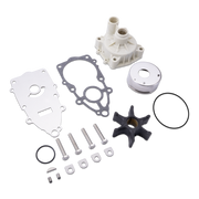 A water pump gasket kit with various components including a white plastic water pump, white gaskets, a black impeller, silver bolts, washers, and O-rings, arranged on a clean white background.